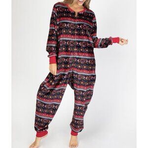 Natural Life Women’s Fleece Loungewear Jumpsuit Floral Size Medium Red Winter